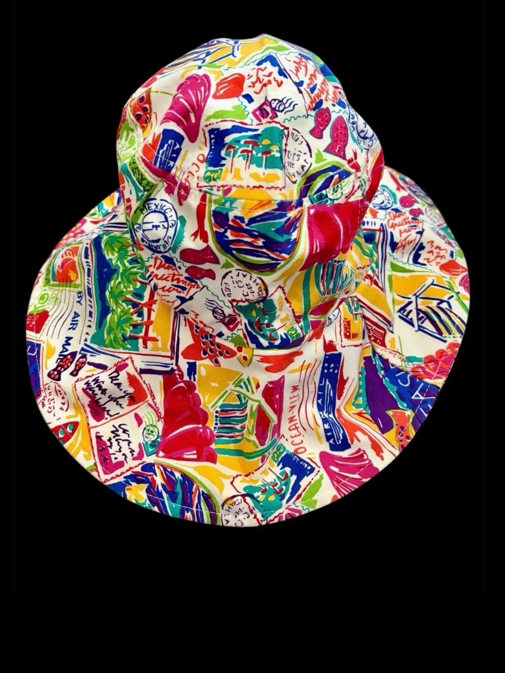 Vintage Liz Claiborne Bucket Hat Vibrant All Over Travel Postcard Stamp Print